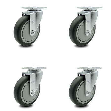 Swivel Caster Set of 4 with 5 Inch Thermoplastic Rubber Wheel ? 300 lbs. Capacity Per Caster ? 4 Inch x 4-1/2 Inch Overall Top Plate ? Service Caster Brand